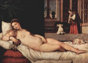 Tiziano Vecellio: La venere di Urbino, cm. 165, Uffizi, Firenze.